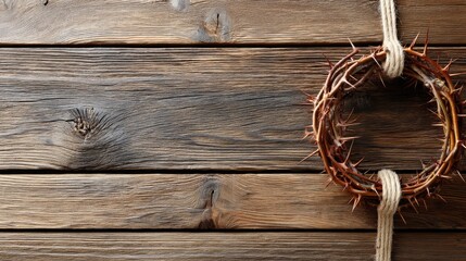 Crown of thorns resting on old wooden table signifies the themes of victory and suffering during the Christian Easter celebration