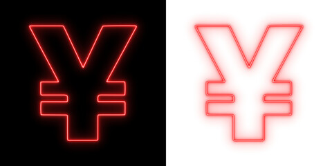 Glowing neon yen symbol in bright red, displayed on black and transparent backgrounds for a bold modern financial design