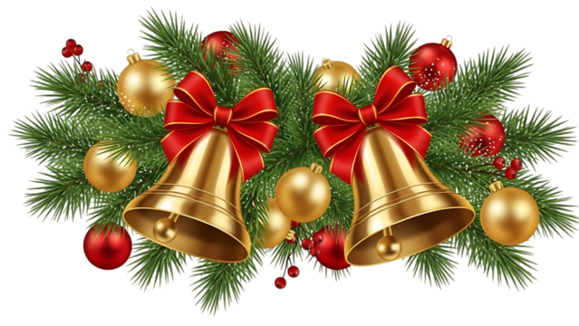 Transparent background two golden christmas bells with red bow on fir branch isolated on transparent background - Powered by Adobe