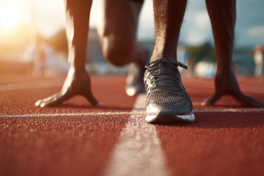 Close-Up of Male Runner in Starting Position on Track in Morning Sunlight