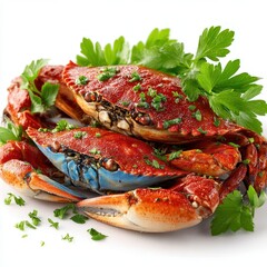 Cooked Blue Crabs with Herbs on White Background, Seafood Cuisine