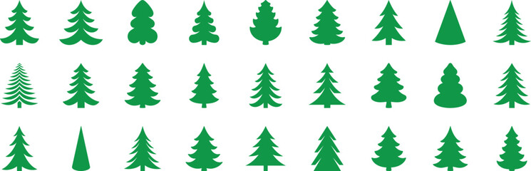 Fototapeta premium Green Christmas Tree Silhouette Vector Icons Set: Diverse Collection of Pine and Fir Shapes for Holiday Cards, Festive Design, and Winter Graphics AI Generative