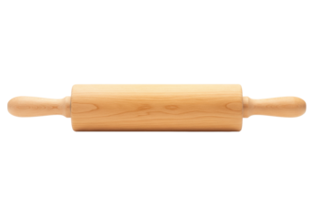 A pristine, brand new classic maple wood rolling pin with ergonomic handles, isolated horizontally on a transparent background with copy space, Concept of baking essentials and quality kitchenware