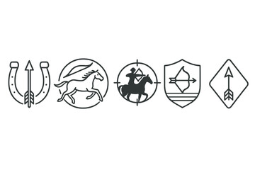 Horseback Archery Icons. Line style icons of horseback archery logos and badges: arrow-in-horseshoe icon, galloping horse in bow
