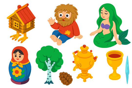 Slavic Mythical Icons. Isometric vector illustration set Mythology and folklore &ndash; Baba Yaga hut, domovoi spirit, rusalka mermaid;
