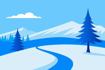 Stylized winter landscape with snow covered mountains and evergreen trees