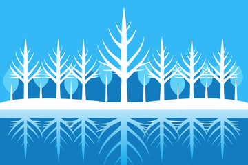 Winter trees reflection on water surface in flat vector style