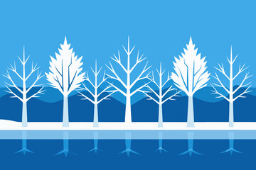 Winter landscape with trees and reflection in blue and white