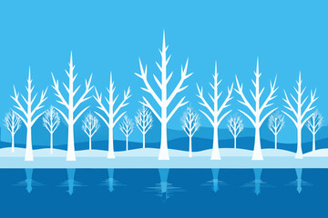 Winter landscape with bare trees and reflections on water surface illustration