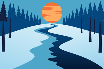 Winter landscape with river forest and sunset in a flat design style