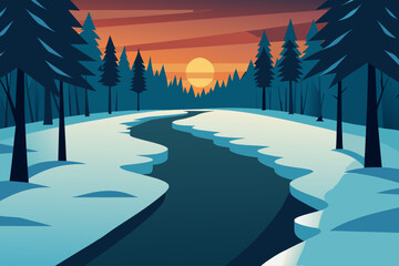 Winter landscape with river and forest at sunset in flat design