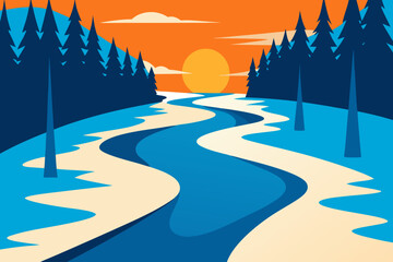 Stylized winter landscape with river trees and sunset illustration