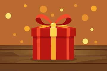 Red gift box with ribbon on wooden table with bokeh background