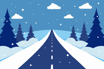 Winter road trip snowy landscape with evergreen trees and a winding road
