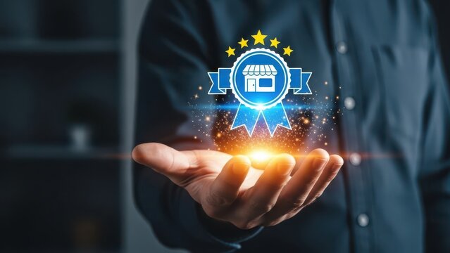 Hand holding glowing award badge representing business success and customer satisfaction with stars