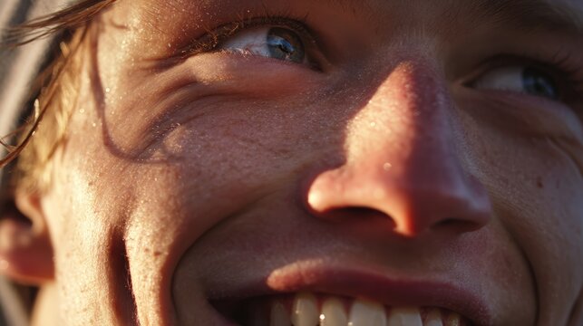 Cinematic Close-Up of Runner's Joyful Expression in Early Sunlight