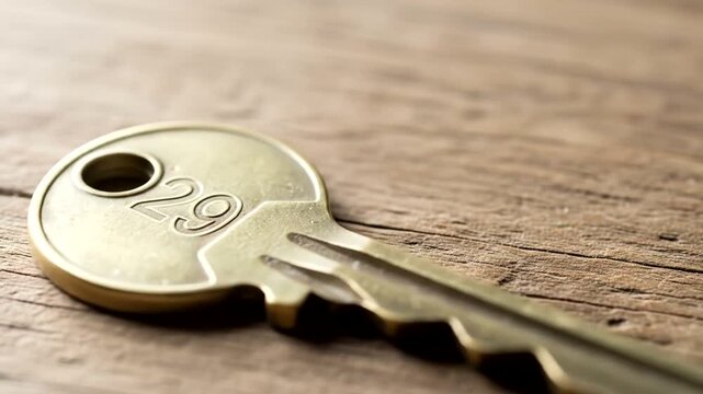 Close up macro shot of a metal key with the number 29 on a wooden surface.