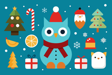 Cute holiday vector illustration with christmas trees and winter animals