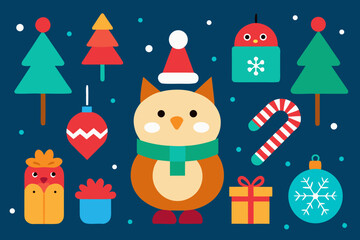 Festive christmas holiday illustration with owl trees ornaments and candy cane