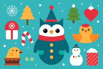 Festive christmas holiday flat design illustration with owl and various decorations