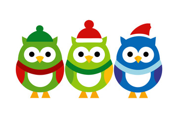 Three cute cartoon owls wearing winter hats and scarves on white