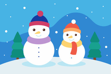 Two cute snowmen standing in a snowy winter landscape illustration