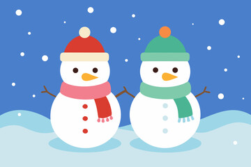 Two cute snowmen wearing hats and scarves in a snowy landscape