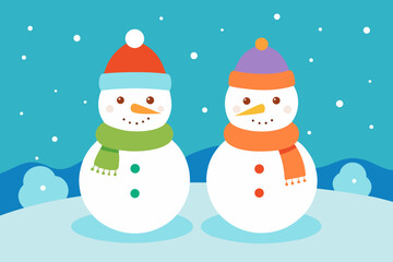 Two cheerful snowmen with hats and scarves in a winter scene