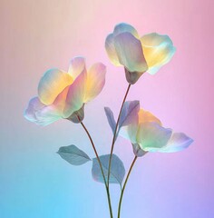 Bouquet of flowers made from holographic material in pastel colors against gradient background with delicate petals and translucent leaves giving ethereal glow.