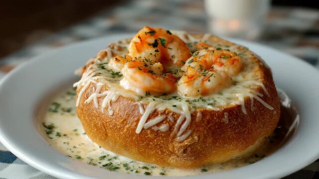 Creamy shrimp soup served in bread bowl 