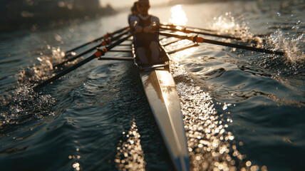 Athletes Rowing in Synchrony on Sunlit Water with Cinematic Perspective