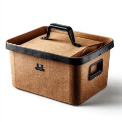 Modern Brown Storage Box with Lid and Black Handle on White Background