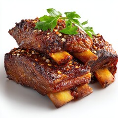 Delicious Stack of Braised Short Ribs with Parsley Garnish on White