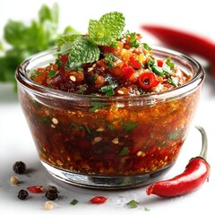 Spicy Chili Sauce with Mint in Glass Bowl, Close-up Food Photography