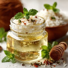 Infused Oil with Rice, Herbs, and Mint in Glass Jar for Culinary Use