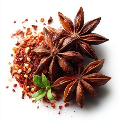 Star Anise and Red Pepper Flakes with Green Leaf on White Background