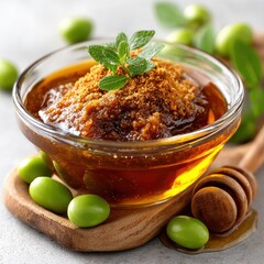 Homemade Plum Jam with Crumbles and Mint in Glass Bowl, Close-up