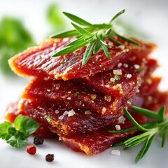 Gourmet Beef Jerky Stack with Rosemary and Herbs Close-Up