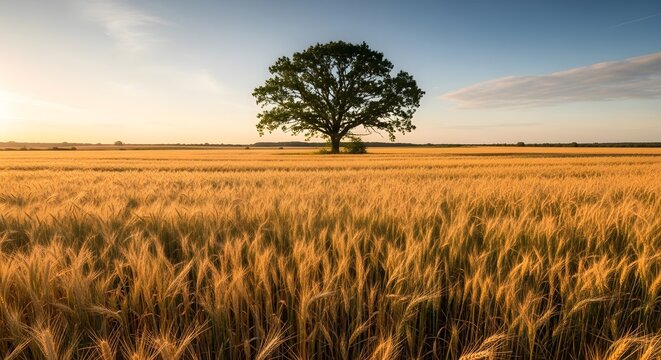 Wheat field landscape with lonely oak tree under dramatic sunset sky in golden hour lighting
