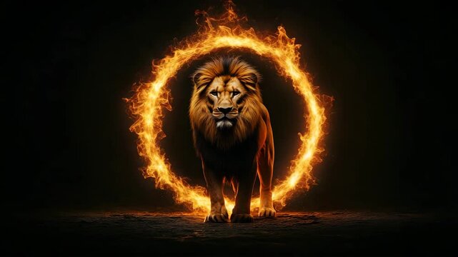 Majestic lion in fiery dramatic background  