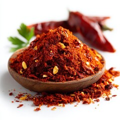 Chili Powder in Wooden Bowl with Dried Peppers and Parsley on White