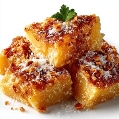 Delicious Caramel Cake Squares Topped with Coconut and Nuts on White