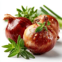 Fresh Red and Yellow Onions with Herbs on White Background