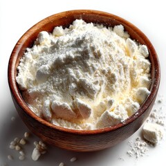 Wooden Bowl Filled with White Powder, Flour or Protein Powder Close Up