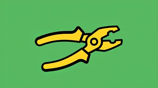 Graphic illustration of yellow pliers tool with black outline on green background
