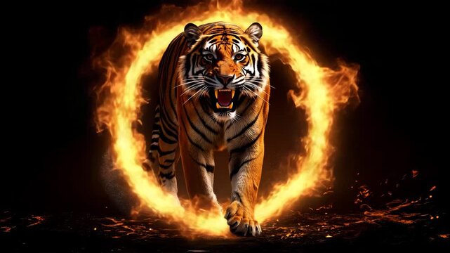 Tiger emerging from flames in action  