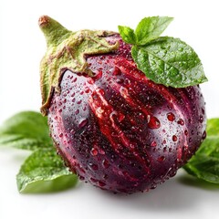 Fresh Striped Eggplant with Water Droplets and Basil Leaves on White