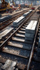 Fototapeta premium Urban Rail Track Expansion with New Sleepers in Midday Light