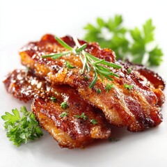 Crispy Fried Bacon Strips with Fresh Herbs on White Background Close-up