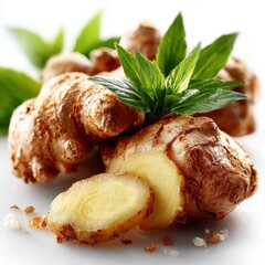 Fresh Ginger Root with Mint Leaves and Slices on White Background